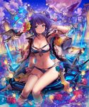  armpits bikini bird blue_eyes blush breasts building cleavage cloud collarbone copyright_name crystal earrings fish flower grin hair_flower hair_ornament hand_in_hair head_tilt highres jacket_on_shoulders jewelry large_breasts lazuli_(shingeki_no_bahamut) lee_hyeseung looking_at_viewer moon navel official_art open_clothes outdoors parted_lips purple_hair shingeki_no_bahamut shiny shiny_skin side_ponytail sitting sky smile solo swimsuit teeth water 
