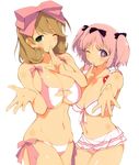  2girls bare_legs bikini blonde_hair blush breasts female hair_bow haruka_(senran_kagura) hibari_(senran_kagura) highres large_breasts looking_at_viewer multiple_girls open_mouth pink_hair scan senran_kagura senran_kagura_(series) shiny_skin shoes short_hair sitting smile solo swimsuit thighs twintails wink 