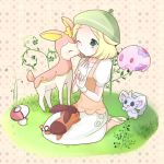  1girl bel_(pokemon) blonde_hair blush character_request commentary_request creatures_(company) game_freak grass green_eyes hat nashi_rin nintendo poke_ball pokemon pokemon_(creature) pokemon_(game) pokemon_bw short_hair 