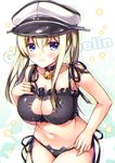  alternate_costume bell bell_choker black_bra black_panties blonde_hair bra breasts cat_cutout cat_ear_panties cat_lingerie character_name choker cleavage_cutout embarrassed fukase_ayaka graf_zeppelin_(kantai_collection) kantai_collection large_breasts leaning_forward long_hair meme_attire panties paw_print side-tie_panties solo star starry_background stomach twintails underwear underwear_only 