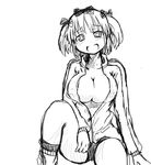  1girl breasts buruma dyson_(edaokunnsaikouya) female gloves hibari_(senran_kagura) legs looking_at_viewer monochrome senran_kagura sitting sketch smile 