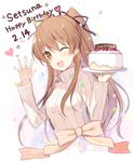  6u_(eternal_land) ;d birthday_cake black_ribbon blush breasts brown_eyes brown_hair cake commentary_request confetti dated food hair_ribbon happy_birthday holding holding_tray long_hair long_sleeves looking_at_viewer medium_breasts ogiso_setsuna one_eye_closed open_mouth ribbed_sweater ribbon smile solo sweater tray turtleneck twitter_username two_side_up upper_body white_album_2 