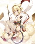  6u_(eternal_land) :o andira_(granblue_fantasy) bare_shoulders barefoot blonde_hair blush breasts brown_eyes clenched_hands cloud commentary_request detached_sleeves erune flying_nimbus full_body granblue_fantasy hair_ornament hairband knees_together_feet_apart looking_at_viewer monkey_tail red_eyes revealing_clothes see-through short_hair sideboob small_breasts solo staff tail wide_sleeves 
