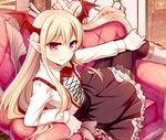  arm_support bat_wings black_skirt blonde_hair blush collared_shirt couch fang flower frilled_skirt frills granblue_fantasy gunp hand_on_own_knee head_wings long_hair long_sleeves looking_at_viewer open_mouth pointy_ears reclining red_eyes red_flower red_rose rose shingeki_no_bahamut shirt skirt smile solo vampire vampy white_shirt wings 