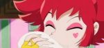  1girl animated animated_gif choker cutie_honey cutie_honey_(character) eating eyeshadow food heart kisaragi_honey magical_girl makeup re:_cutie_honey red_eyes red_hair short_hair solo 