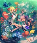  :3 :d backpack bag bare_legs blonde_hair bow coral coral_reef dress eel fang fish flower freediving green_hair hair_flower hair_ornament highres jellyfish lee_hyeseung moorish_idol multiple_girls no_socks ocean ocean_bottom octopus open_mouth original outstretched_arms parted_lips pink_hair purple_hair ribbon ribbon-trimmed_clothes ribbon-trimmed_dress ribbon_trim sailor_dress shoe_bow shoes short_dress short_hair short_sleeves shorts shoulder_bag smile spread_arms surgeonfish underwater 