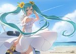  :d aqua_eyes aqua_hair artist_name bare_shoulders beach choker company_name condensation_trail day dress eyebrows eyebrows_visible_through_hair flower hair_flower hair_ornament hatsune_miku highres holding holding_shoes long_hair looking_at_viewer morikura_en ocean open_mouth outdoors piapro ribbon sandals sandals_removed shoes smile solo sunflower sunflower_hair_ornament twintails upper_teeth very_long_hair vocaloid white_dress white_ribbon 