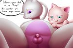  aid-cut ambiguous_gender balls belly dialogue duo embarrassed flaccid humanoid_penis humiliation legendary_pok&eacute;mon male mew mewtwo nintendo penis pok&eacute;mon sad simple_background size_difference small_penis smile smirk speech_bubble uncut video_games 