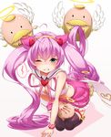  ahoge animal_ears bad_id bad_pixiv_id bare_shoulders bell bestiality biting black_legwear blush breasts cat_ears cat_tail cleavage clenched_teeth curly_hair ear_biting green_eyes hairband halo jingle_bell long_hair medium_breasts pink_hair rosia_(show_by_rock!!) seiza show_by_rock!! sitting tail teeth ten_piboshi thigh_strap thighhighs twintails very_long_hair wince wings yellow_hairband 