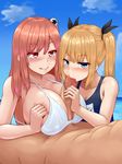  2girls abs bare_shoulders bell bikini bikini_top black_ribbon blonde_hair blue_eyes blue_sky blue_swimsuit blush breast_squeeze breasts censored cleavage closed_mouth cloud collarbone day dead_or_alive erection fellatio ffm_threesome group_sex hair_bell hair_ornament hair_ribbon handjob hetero highres honoka_(doa) horizon jingle_bell large_breasts lying marie_rose mosaic_censoring multiple_girls nude ocean on_back one-piece_swimsuit oral outdoors paizuri paizuri_under_clothes penis pink_hair precum raseruta red_eyes ribbon sky small_breasts smile swimsuit teamwork threesome water white_bikini 