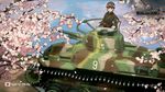 braid brown_hair cherry_blossoms goggles goggles_on_head ground_vehicle highres long_hair military military_vehicle motor_vehicle shibafu_(glock23) solo tank type_97_chi-ha wargaming_japan world_of_tanks 