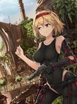  alternate_costume ammunition belt belt_pouch black_gloves black_legwear blonde_hair blue_sky breasts brown_eyes building cartridge collarbone contrapposto cowboy_shot day directional_arrow djeeta_(granblue_fantasy) earrings gloves granblue_fantasy gun gunslinger_(granblue_fantasy) hair_ribbon hairband highres holding holding_gun holding_weapon jewelry leotard medium_breasts outdoors palm_tree parted_lips plant pouch red_ribbon ribbon ruins short_hair single_glove sky solo_focus standing sweatdrop teeth thighhighs tower tree trigger_discipline weapon white_crow 