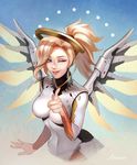  artist_name artstation_sample bangs blonde_hair blue_eyes bodysuit breasts eyebrows eyebrows_visible_through_hair hair_ornament hair_tie hand_up headwear high_collar highres image_sample large_breasts lips lipstick looking_at_viewer makeup mascara mechanical_halo mechanical_wings mercy_(overwatch) momori one_eye_closed overwatch pantyhose pink_lips pointing ponytail smile solo spread_wings star turtleneck upper_body wings yellow_wings 