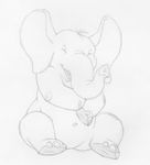  ambiguous_gender barefoot big_ears elephant eyes_closed featureless_crotch front_view greyscale line_art mammal mizzyam monochrome navel open_mouth pencil_(artwork) semi-anthro sitting smile solo traditional_media_(artwork) 