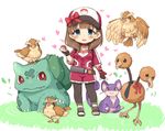  7010 baseball_cap black_gloves blue_eyes blush bow brown_hair bulbasaur choker cosplay doduo female_protagonist_(pokemon_go) female_protagonist_(pokemon_go)_(cosplay) fingerless_gloves gen_1_pokemon gloves hat hat_bow heart holding holding_poke_ball idolmaster idolmaster_cinderella_girls leggings looking_at_viewer open_mouth pidgey poke_ball pokemon pokemon_(creature) pokemon_go rattata sakuma_mayu short_hair simple_background smile 