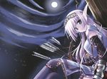  arrow bow_(weapon) breasts crown earrings elf full_moon gauntlets green_eyes highres jewelry long_hair medium_breasts moon night original pointy_ears purple_hair sky solo star_(sky) starry_sky thighhighs tsukimori_hiro weapon 