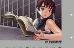  1girl bangs bare_arms bare_shoulders book brown_hair copyright_request english green_eyes holding holding_book looking_down looking_to_the_side murata_renji number open_book short_hair solo upper_body very_short_hair wall zipper 