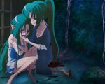  blood blue_eyes breasts bruise chain cleavage crying dress dungeon green_hair higurashi_no_naku_koro_ni injury japanese_clothes kimono long_hair meakashi-hen multiple_girls nightgown open_mouth ponytail sad sakai_kyuuta siblings sisters small_breasts smile sonozaki_mion sonozaki_shion twins 