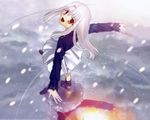  fate/stay_night fate_(series) from_above highres illyasviel_von_einzbern long_sleeves puddle red_eyes silver_hair snowing solo takeuchi_takashi water winter 