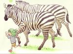  ^_^ animal azuma_kiyohiko bare_arms beige_background brown_shorts child clenched_hands closed_eyes green_hair happy highres koiwai_yotsuba profile quad_tails red_footwear running shirt shoes short_sleeves shorts simple_background striped striped_legwear striped_shirt t-shirt yotsubato! zebra 