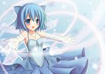  absurdres bad_id bad_pixiv_id bare_shoulders blue_eyes blue_hair bow cirno dress elbow_gloves foreshortening gloves hair_bow highres ice jewelry necklace outstretched_arms short_hair solo spread_arms touhou wings yuzin 