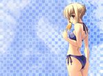  artoria_pendragon_(all) ass back bikini blonde_hair checkered fate/stay_night fate_(series) food from_behind green_eyes hair_up highres looking_back popsicle saber shingo_(missing_link) side-tie_bikini solo swimsuit wallpaper 