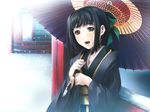  architecture black_hair bow brown_eyes cartagra east_asian_architecture hair_bow hatsune_(cartagra) japanese_clothes kimono long_sleeves looking_at_viewer open_mouth oriental_umbrella ribbon short_hair simosi snow snowing solo tears umbrella upper_body wallpaper 