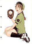  ball baseball baseball_cap baseball_mitt baseball_uniform braid full_body hat highres holding holding_ball long_hair looking_at_viewer low-tied_long_hair murata_renji shoes short_sleeves simple_background single_braid sneakers solo sportswear sweat white_background wince 