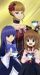  :3 absurdres beatrice blue_eyes bow brown_hair drink empty_eyes fang flower frederica_bernkastel hair_flower hair_ornament hat highres long_hair long_image multiple_girls non-web_source official_art open_mouth pink_bow purple_eyes purple_hair ribbon short_hair stick_poster tall_image umineko_no_naku_koro_ni ushiromiya_maria very_long_hair 