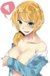  areola_slip areolae blonde_hair blue_jacket blush breasts cleavage collarbone commentary_request covering covering_breasts ellen_baker green_eyes hair_ornament hair_scrunchie highres jacket large_breasts long_hair looking_at_viewer low_ponytail new_horizon no_bra off_shoulder onineko-chan open_clothes parted_lips scrunchie smile solo spoken_squiggle squiggle upper_body white_background 