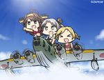  &gt;_&lt; :d ahoge aircraft akitsushima_(kantai_collection) bikini blonde_hair blue_sky brown_hair closed_eyes cloud commentary dated day grey_hair hamu_koutarou hat headgear kantai_collection kawanishi_h8k kongou_(kantai_collection) long_hair maikaze_(kantai_collection) multiple_girls nishikitaitei-chan ocean on_vehicle open_mouth outdoors ponytail seaplane side_ponytail sky smile swimsuit water xd 