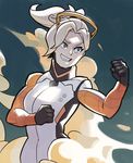  blonde_hair blue_background blue_eyes bodysuit bound bound_wrists breasts cloud fighting_stance gloves grin highres mechanical_halo medium_breasts mercy_(overwatch) overwatch short_hair simple_background smile solo splashbrush 