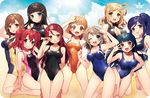  :p ;d ahoge aqua_eyes arm_up bangs bare_legs barefoot black_hair blue_hair blunt_bangs braid breasts brown_eyes brown_hair cleavage cleavage_cutout clover_hair_ornament competition_swimsuit covered_navel day french_braid hair_ornament hairclip kneeling kunikida_hanamaru kurosawa_dia kurosawa_ruby light_brown_hair looking_at_viewer love_live! love_live!_sunshine!! matsuura_kanan medium_breasts mole mole_under_mouth multiple_girls ohara_mari one-piece_swimsuit one_eye_closed open_mouth outdoors ponytail purple_eyes red_hair sakura_yuki_(clochette) sakurauchi_riko smile swimsuit takami_chika tankini tongue tongue_out tsushima_yoshiko two_side_up watanabe_you yellow_eyes 