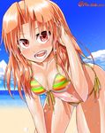  alternate_costume alternate_eye_color alternate_hair_color alternate_hairstyle beach bikini blue_sky blush breasts cloud collarbone day futomashio hair_down highres kagerou_(kantai_collection) kantai_collection leaning_forward looking_at_viewer medium_breasts navel open_mouth orange_hair outdoors red_eyes sand side-tie_bikini sky smile solo striped striped_bikini swimsuit teeth twitter_username water 