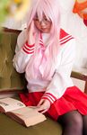  1girl asian cosplay glasses lucky_star mana pantyhose photo plump schoolgirl solo takara_miyuki 