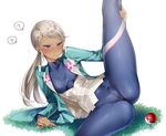  ? arm_support blanche_(pokemon) blue_eyes blush bodysuit breasts cameltoe closed_mouth collarbone covered_nipples dark_skin expressionless grass green_jacket hizuki_akira jacket leg_lift long_sleeves lying medium_breasts on_side open_clothes open_jacket plant poke_ball pokemon pokemon_go silver_hair skin_tight solo spoken_question_mark spread_legs stretch 