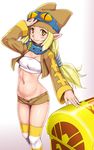  blonde_hair blush breasts collar disgaea goggles hat highres long_hair makai_senki_disgaea makai_senki_disgaea_2 no_gloves orizen pointy_ears ponytail short_shorts shorts small_breasts smile solo striped thief_(disgaea) thighhighs treasure_chest yellow_eyes 