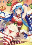  ;o absurdres armpits arms_up bell bison_cangshu blue_hair bow box breasts cape choker cleavage eyebrows eyebrows_visible_through_hair fur_trim gift gift_box hat highres jingle_bell kneeling large_breasts midriff navel one_eye_closed quincy_(zhan_jian_shao_nyu) red_bow red_eyes red_ribbon ribbon santa_costume santa_hat solo striped striped_legwear thighhighs twintails yellow_bow zhan_jian_shao_nyu 