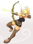  aiming arrow bare_shoulders blonde_hair boots bow_(weapon) breasts brown_gloves brown_legwear cra drawing_bow dress evangelyne freckles gloves gradient gradient_background green_eyes hair_ornament hairclip highres holding holding_arrow holding_bow_(weapon) holding_weapon large_breasts nestkeeper official_style outstretched_arm pointy_ears short_dress short_hair solo thigh_boots thighhighs wakfu weapon zettai_ryouiki 