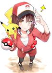  arm_up bad_id bad_pixiv_id baseball_cap belt belt_pouch black_eyes black_footwear blush breasts brown_eyes brown_hair closed_mouth collarbone cosplay covered_navel creature_on_shoulder electricity eyebrows eyebrows_visible_through_hair female_protagonist_(pokemon_go) female_protagonist_(pokemon_go)_(cosplay) furutaka_(kantai_collection) gen_1_pokemon hair_ornament hairclip hat holding holding_poke_ball jacket kantai_collection large_breasts leggings long_sleeves pikachu poke_ball poke_ball_(generic) pokemon pokemon_(creature) pokemon_go pokemon_on_shoulder pouch red_hat red_jacket red_shorts shoes short_hair shorts simple_background sparkle suzuharu_toufu track_jacket white_background 