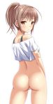  ass bottomless brown_eyes brown_hair crop_top ki_(kk-sk-ray) looking_at_viewer looking_back off-shoulder_shirt off_shoulder original ponytail shirt solo 