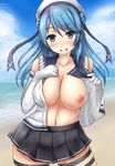  bad_id bad_pixiv_id beach blue_eyes blue_hair blue_sky blush breasts cloud day double_bun elbow_gloves flashing gloves hat highres kantai_collection large_breasts looking_at_viewer navel nipples no_bra ocean outdoors pleated_skirt sailor_hat school_uniform serafuku skirt sky sleeves_rolled_up smile solo teeth terakoya undressing urakaze_(kantai_collection) white_gloves white_hat 