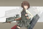  bike_shorts bow_(weapon) breastplate brown_eyes brown_hair crossbow flight_deck headgear kantai_collection karikura_(atatata71) short_hair solo taihou_(kantai_collection) thighhighs weapon 