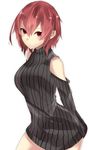  :/ bare_shoulders black_dress blush breasts commentary_request cowboy_shot dress highres long_sleeves looking_at_viewer medium_breasts onineko-chan original red_eyes red_hair ribbed_dress short_hair shoulder_cutout simple_background solo white_background 
