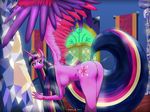  2016 anthro breasts crown digital_media_(artwork) equine feathered_wings feathers female friendship_is_magic fur horn invalid_color mammal my_little_pony pinup pose purple_eyes purple_feathers purple_fur pussy smile solo tiara twilight_sparkle_(mlp) winged_unicorn wings znhc 