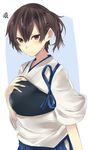  :/ black_hair blue_skirt blush brown_eyes commentary_request hakama_skirt hand_on_own_chest highres hip_vent japanese_clothes kaga_(kantai_collection) kantai_collection looking_at_viewer muneate onineko-chan short_hair side_ponytail skirt solo squiggle tasuki upper_body v-shaped_eyebrows 