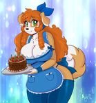  2015 anthro apron big_breasts blush breasts brown_fur cake candle canine cleavage clothed clothing dog female food fur green_eyes hair hi_res holding_object huge_breasts kibbles leggings legwear long_hair looking_at_viewer mammal multicolored_fur orange_hair phsuke slightly_chubby smile solo thick_thighs thigh_highs two_tone_fur uberquest voluptuous white_fur wide_hips 