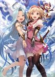 :d ;d ahoge bare_shoulders barefoot blonde_hair blue_eyes blue_hair blue_sky boots breasts brown_eyes choker cloud cloudy_sky commentary_request day djeeta_(granblue_fantasy) dragon dress fighter_(granblue_fantasy) gauntlets granblue_fantasy hairband long_hair looking_at_viewer lyria_(granblue_fantasy) medium_breasts multiple_girls one_eye_closed open_mouth pink_dress pink_hairband puffy_short_sleeves puffy_sleeves sheath sheathed shirabi short_hair short_sleeves sky sleeveless sleeveless_dress small_breasts smile sword thigh_boots thighhighs vee_(granblue_fantasy) very_long_hair weapon zettai_ryouiki 