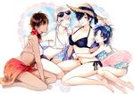  bikini black_hair blue_hair breasts brown_hair cleavage eyepatch eyewear_on_head flower genderswap genderswap_(mtf) hair_flower hair_ornament hat highres innertube large_breasts medium_breasts multiple_girls ookurikara open_mouth shiraki_(shiraki_shiki) shokudaikiri_mitsutada sitting smile sun_hat sunglasses swimsuit taikogane_sadamune tattoo touken_ranbu tsurumaru_kuninaga white_hair yellow_eyes 