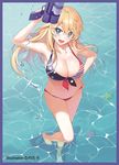  :d american_flag_bikini arm_up bikini blonde_hair blue_eyes breasts cleavage flag_print front-tie_bikini front-tie_top full_body hand_on_hip highres iowa_(kantai_collection) kantai_collection large_breasts long_hair nanotaro navel open_mouth smile solo star star-shaped_pupils starfish swimsuit symbol-shaped_pupils water water_gun 